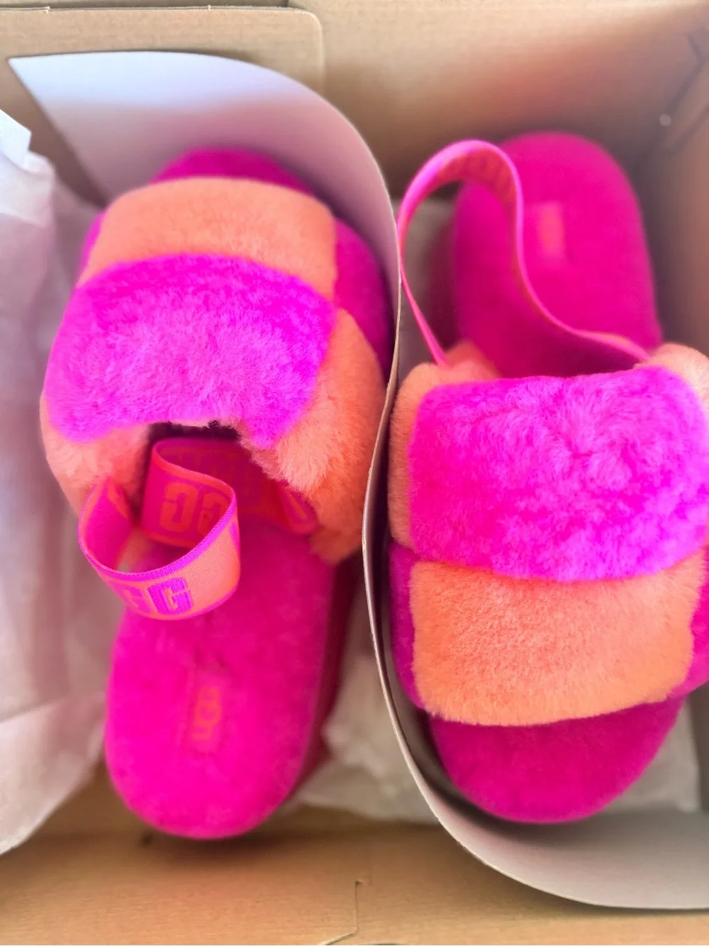 UGG Checker Pink and Orange Platform Fluff Slides